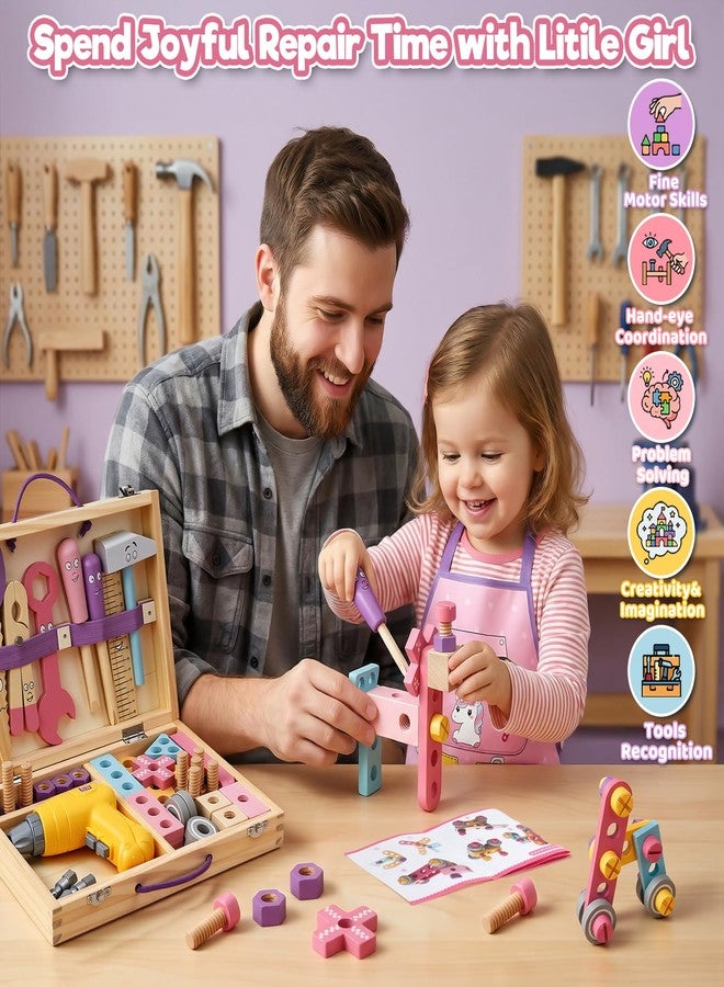 TONZE Pink Wooden Kids Tool Set with Drill 44Pcs Educational Montessori Toys for 3 Year Old Girl, STEM Toys Toddler Tool Set with Apron & Box Birthday Gifts for 3 4 5 6 Year Old Girls - Image 2