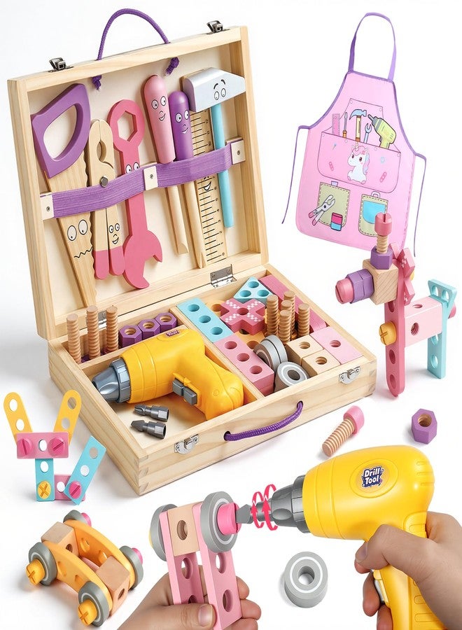 TONZE Pink Wooden Kids Tool Set with Drill 44Pcs Educational Montessori Toys for 3 Year Old Girl, STEM Toys Toddler Tool Set with Apron & Box Birthday Gifts for 3 4 5 6 Year Old Girls - Image 1