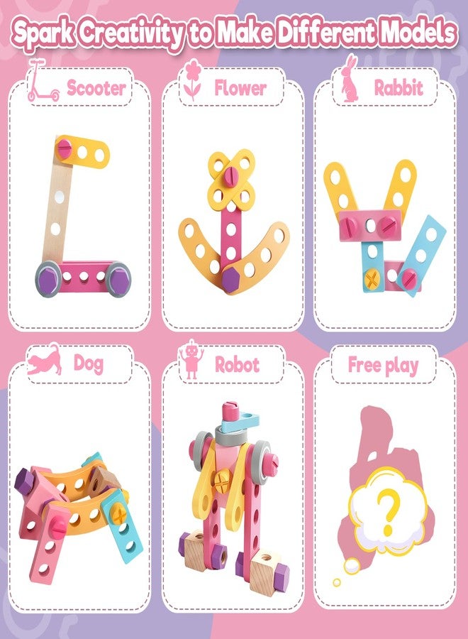 TONZE Pink Wooden Kids Tool Set with Drill 44Pcs Educational Montessori Toys for 3 Year Old Girl, STEM Toys Toddler Tool Set with Apron & Box Birthday Gifts for 3 4 5 6 Year Old Girls - Image 4