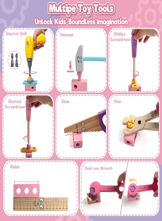 TONZE Pink Wooden Kids Tool Set with Drill 44Pcs Educational Montessori Toys for 3 Year Old Girl, STEM Toys Toddler Tool Set with Apron & Box Birthday Gifts for 3 4 5 6 Year Old Girls - Image 5