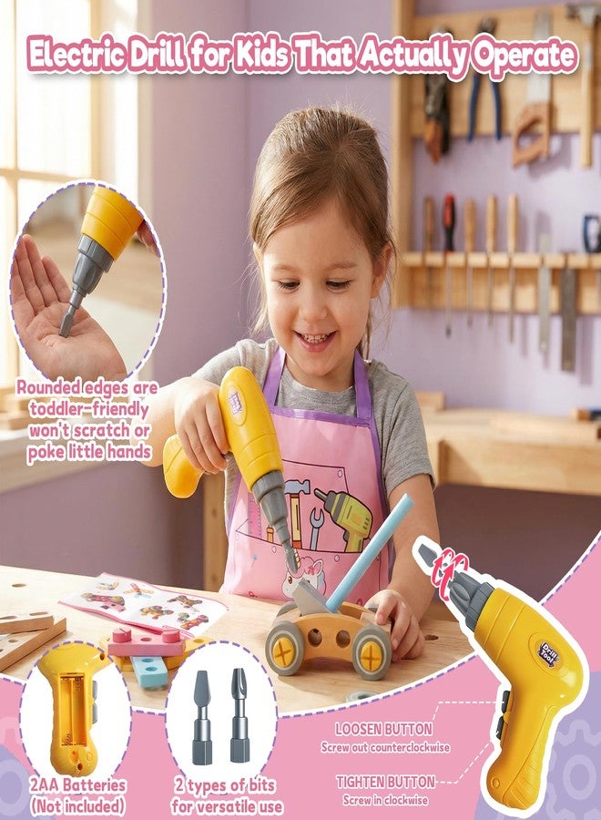 TONZE Pink Wooden Kids Tool Set with Drill 44Pcs Educational Montessori Toys for 3 Year Old Girl, STEM Toys Toddler Tool Set with Apron & Box Birthday Gifts for 3 4 5 6 Year Old Girls - Image 3