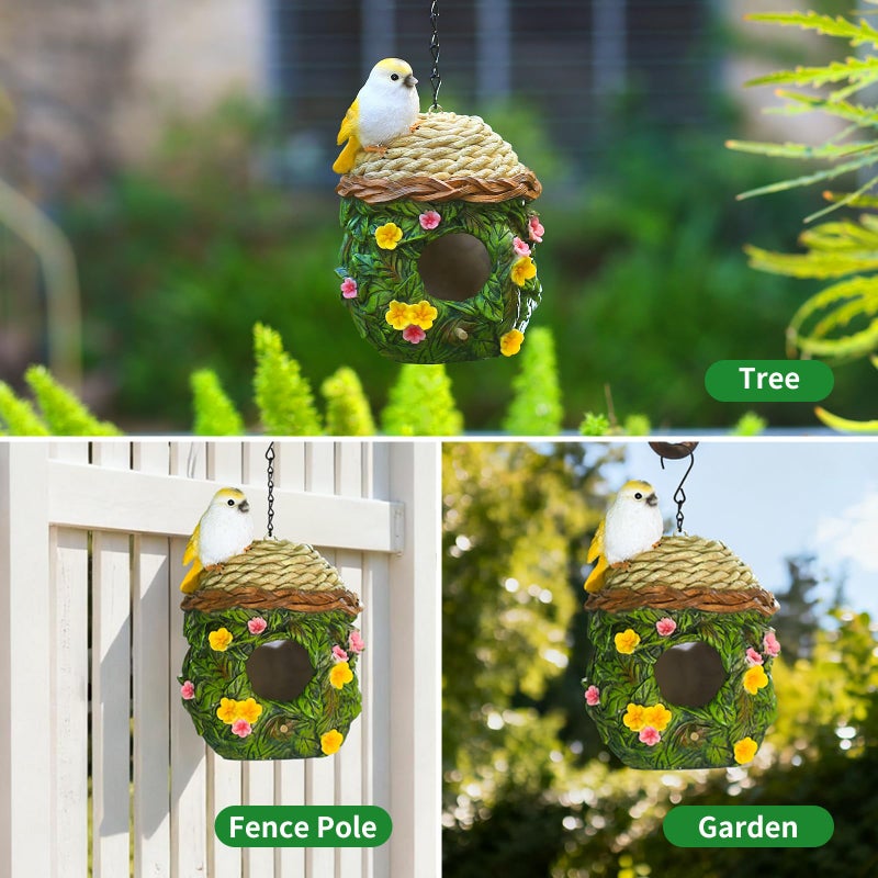 MINWOLF Bird Houses for Outside Bird Nesting Design Resin Birdhouse, Garden Outdoor Decor Bird House with Flower and Leaf Details, Birdhouses for Outdoors for Bluebird Finches Cardinals - Image 4