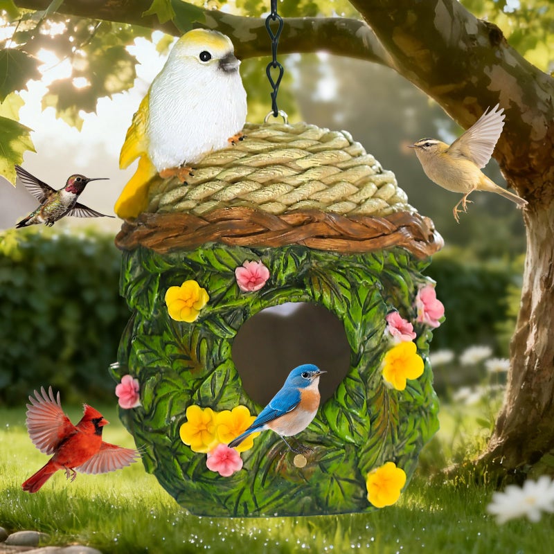 MINWOLF Bird Houses for Outside Bird Nesting Design Resin Birdhouse, Garden Outdoor Decor Bird House with Flower and Leaf Details, Birdhouses for Outdoors for Bluebird Finches Cardinals - Image 1