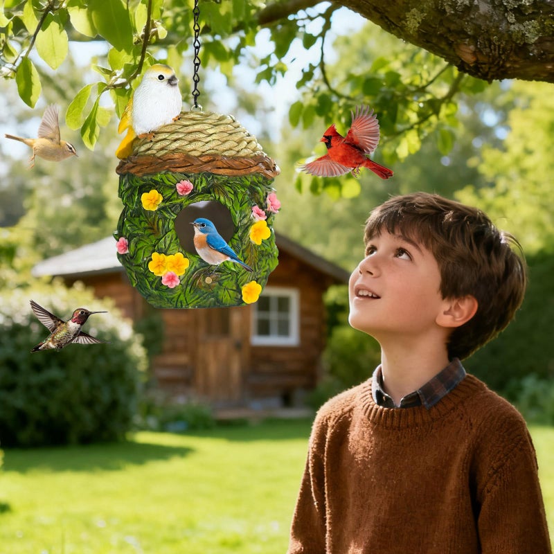 MINWOLF Bird Houses for Outside Bird Nesting Design Resin Birdhouse, Garden Outdoor Decor Bird House with Flower and Leaf Details, Birdhouses for Outdoors for Bluebird Finches Cardinals - Image 5