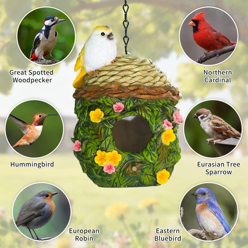 MINWOLF Bird Houses for Outside Bird Nesting Design Resin Birdhouse, Garden Outdoor Decor Bird House with Flower and Leaf Details, Birdhouses for Outdoors for Bluebird Finches Cardinals - Image 2