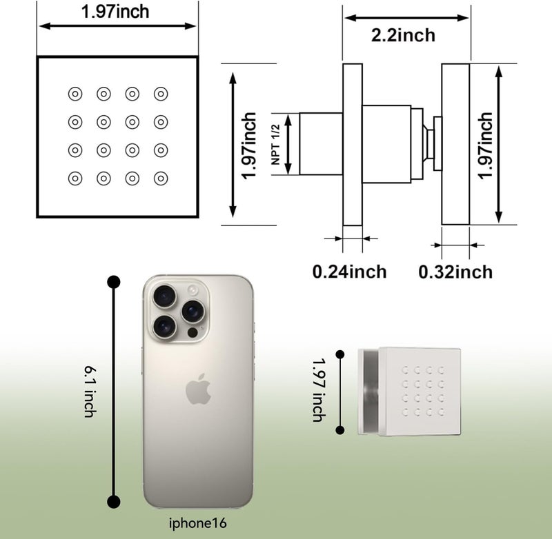 Bostingner Shower Body Spray Jets, Brushed Nickel Brass Square Shower Body Sprayer Spa Massage Showerhead Wall Mount Nozzles NPT 1/2”-4PCS (Brushed Nickel) - Image 5