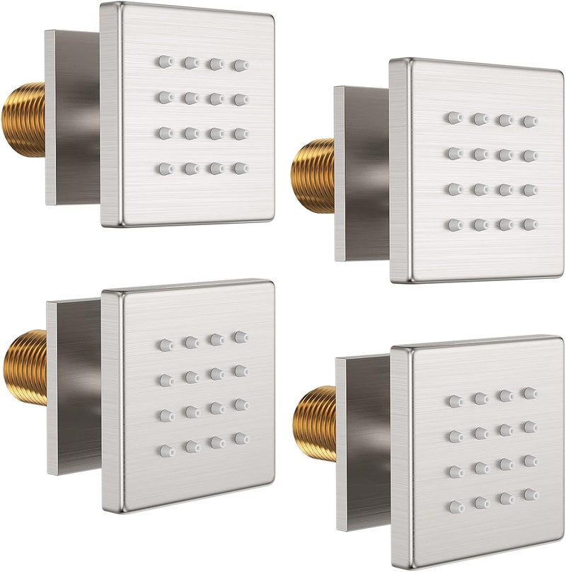 Bostingner Shower Body Spray Jets, Brushed Nickel Brass Square Shower Body Sprayer Spa Massage Showerhead Wall Mount Nozzles NPT 1/2”-4PCS (Brushed Nickel) - Image 1