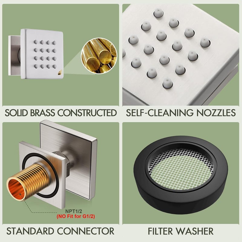 Bostingner Shower Body Spray Jets, Brushed Nickel Brass Square Shower Body Sprayer Spa Massage Showerhead Wall Mount Nozzles NPT 1/2”-4PCS (Brushed Nickel) - Image 4