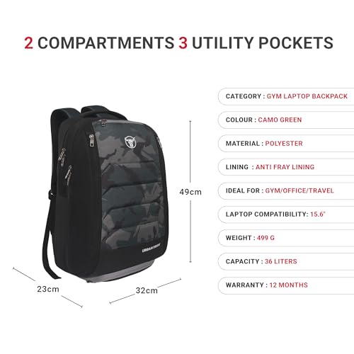 URBAN TRIBE Fitpack Pro Laptop Backpack (15.6 Inch) with Shoe Compartment Multipurpose Bag for Men and Women |35 litres | (Camouflage), m - Image 3