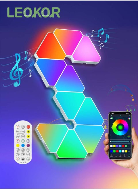 10 عبوات ألواح إضاءة حائط RGB LED مثلثة الشكل، أضواء منزلية ذكية للديكور المنزلي مزودة بمزامنة الموسيقى، متوافقة مع جوجل، لغرفة المعيشة وغرفة النوم وغرف الألعاب وديكور الحفلات