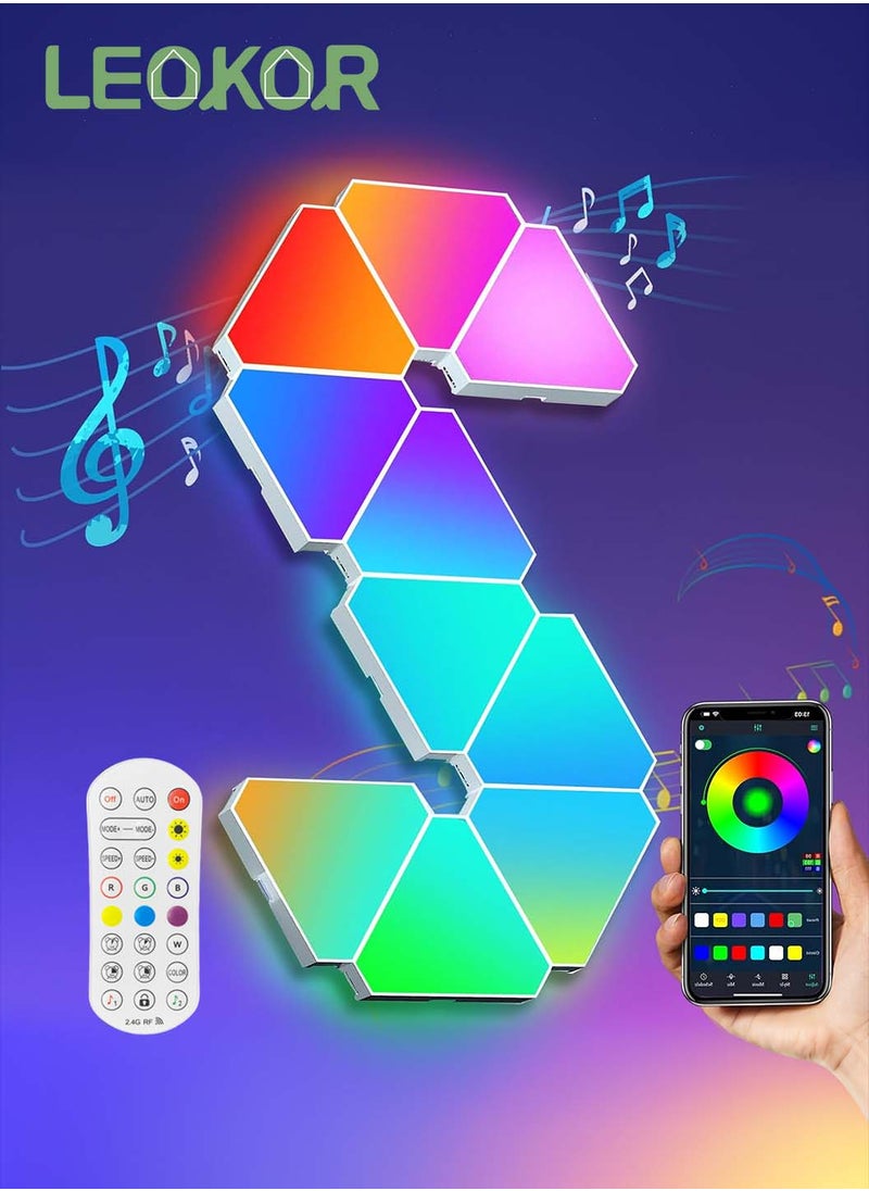 10 عبوات ألواح إضاءة حائط RGB LED مثلثة الشكل، أضواء منزلية ذكية للديكور المنزلي مزودة بمزامنة الموسيقى، متوافقة مع جوجل، لغرفة المعيشة وغرفة النوم وغرف الألعاب وديكور الحفلات