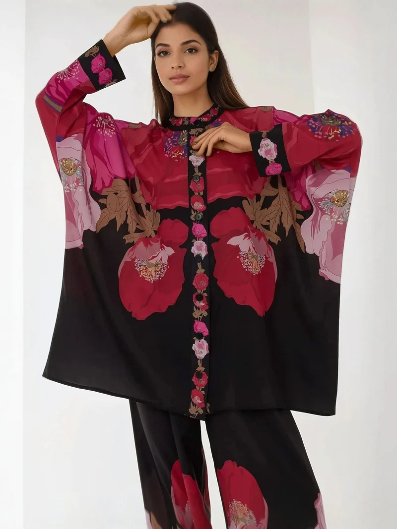 زوبعة طقم بنطلون كيمونو بخصر مرتفع مطبوع