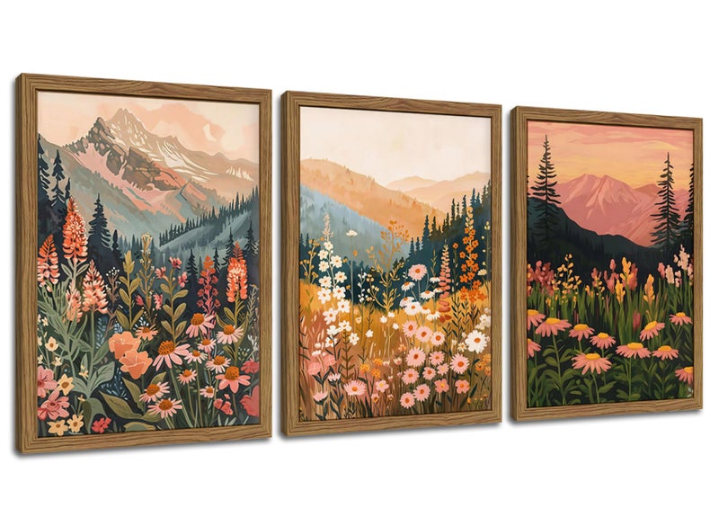 YSGGTR Boho Colorful Landscape wall art Wildflower Mountain Wall Decor Vintage Floral Forest Paintings Rustic Nature Pictures Canvas Prints for Living Room Bedroom Dining Room 12x16 Inch Wood Framed - Image 1