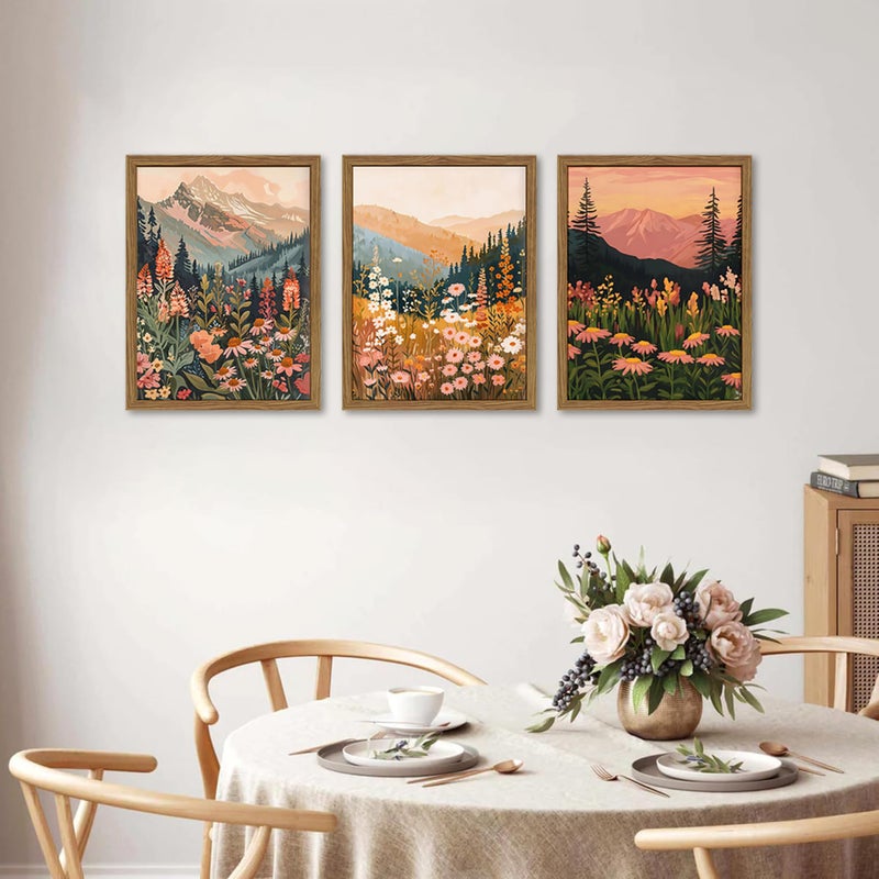 YSGGTR Boho Colorful Landscape wall art Wildflower Mountain Wall Decor Vintage Floral Forest Paintings Rustic Nature Pictures Canvas Prints for Living Room Bedroom Dining Room 12x16 Inch Wood Framed - Image 5