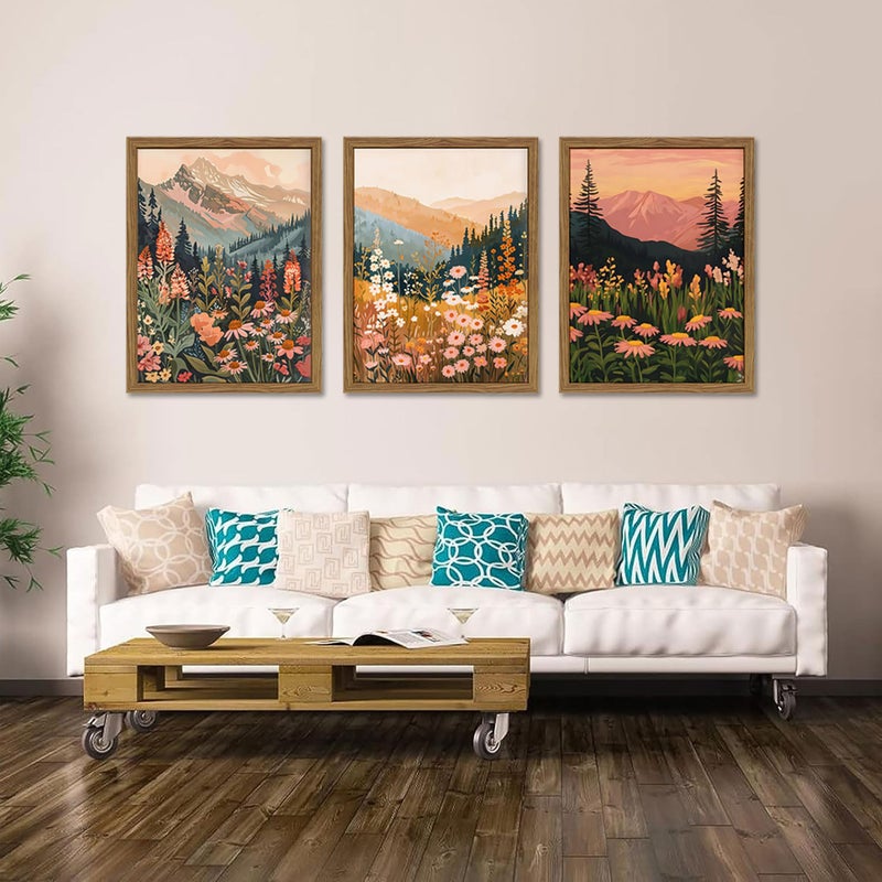 YSGGTR Boho Colorful Landscape wall art Wildflower Mountain Wall Decor Vintage Floral Forest Paintings Rustic Nature Pictures Canvas Prints for Living Room Bedroom Dining Room 12x16 Inch Wood Framed - Image 3