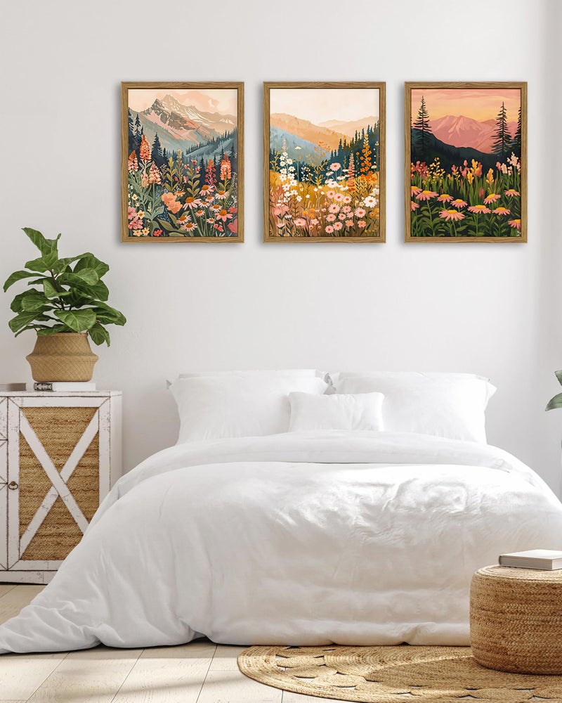 YSGGTR Boho Colorful Landscape wall art Wildflower Mountain Wall Decor Vintage Floral Forest Paintings Rustic Nature Pictures Canvas Prints for Living Room Bedroom Dining Room 12x16 Inch Wood Framed - Image 4