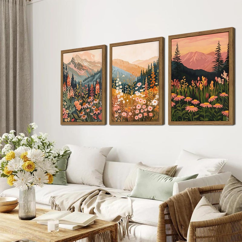 YSGGTR Boho Colorful Landscape wall art Wildflower Mountain Wall Decor Vintage Floral Forest Paintings Rustic Nature Pictures Canvas Prints for Living Room Bedroom Dining Room 12x16 Inch Wood Framed - Image 2