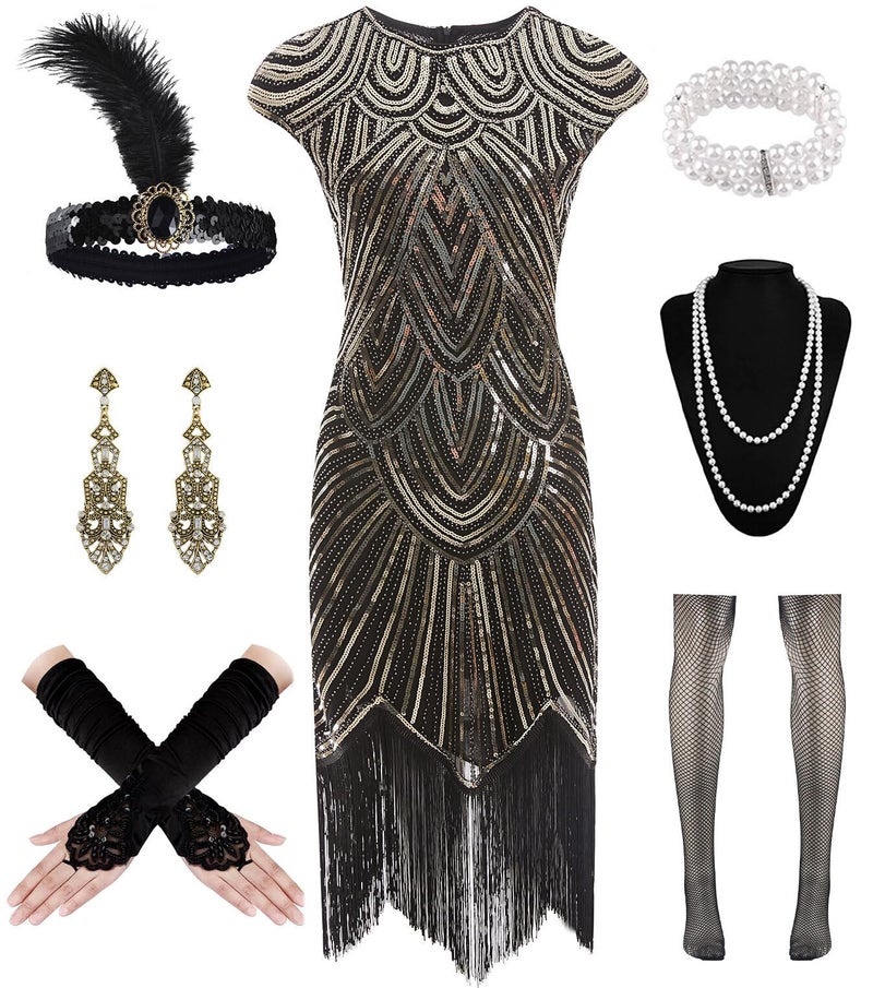 WILDPARTY 1920s Women Flapper Dresses Sequin Dresses Vintage Lace Fringed Cocktail Dress with 20s Accessories SetBlackGold XL