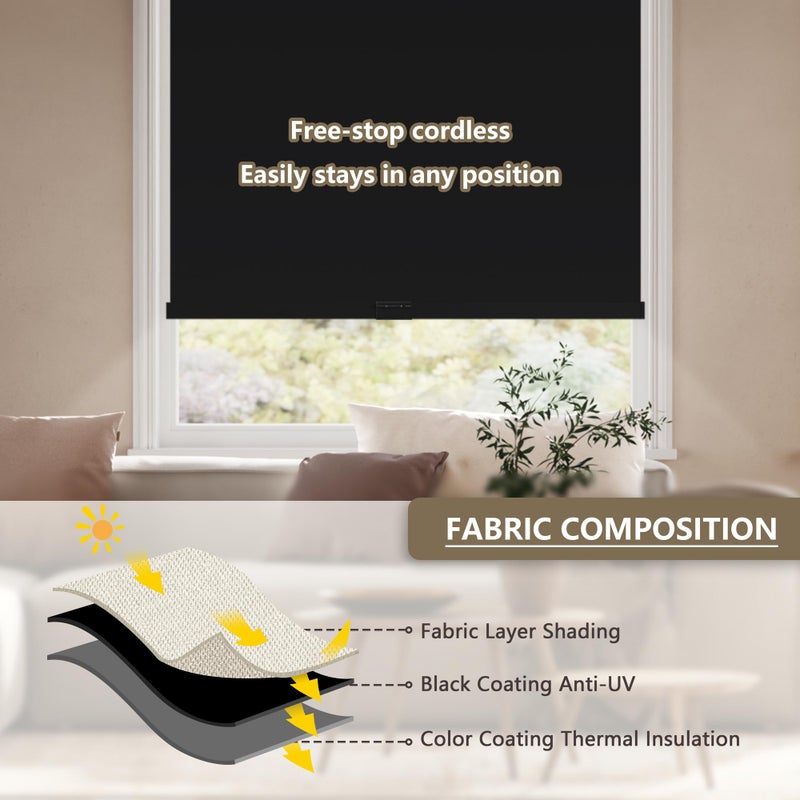 SUNOFF Cordless Blackout Roller Shades Blinds for Windows Free-Stop,Pull Down Room Darkening with Valance,Thermal Insulated Woven Fabric Window Door Blinds for Home,Office,Black 34" W x 72" H - Image 5