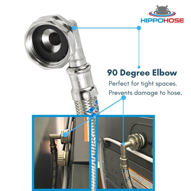 Hippohose Washing Machine Hoses (4 Ft) - Double 90 Elbow To Fit Tight Spaces - Octagon Connections For Easy & Secure Tightening - Burst Proof Water Supply Line (2 Pack) - Universal Fit To All Wash Machines - Image 3