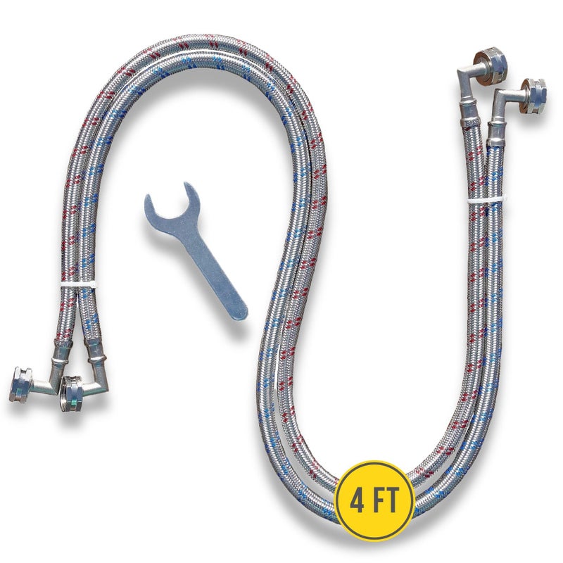 Hippohose Washing Machine Hoses (4 Ft) - Double 90 Elbow To Fit Tight Spaces - Octagon Connections For Easy & Secure Tightening - Burst Proof Water Supply Line (2 Pack) - Universal Fit To All Wash Machines - Image 1