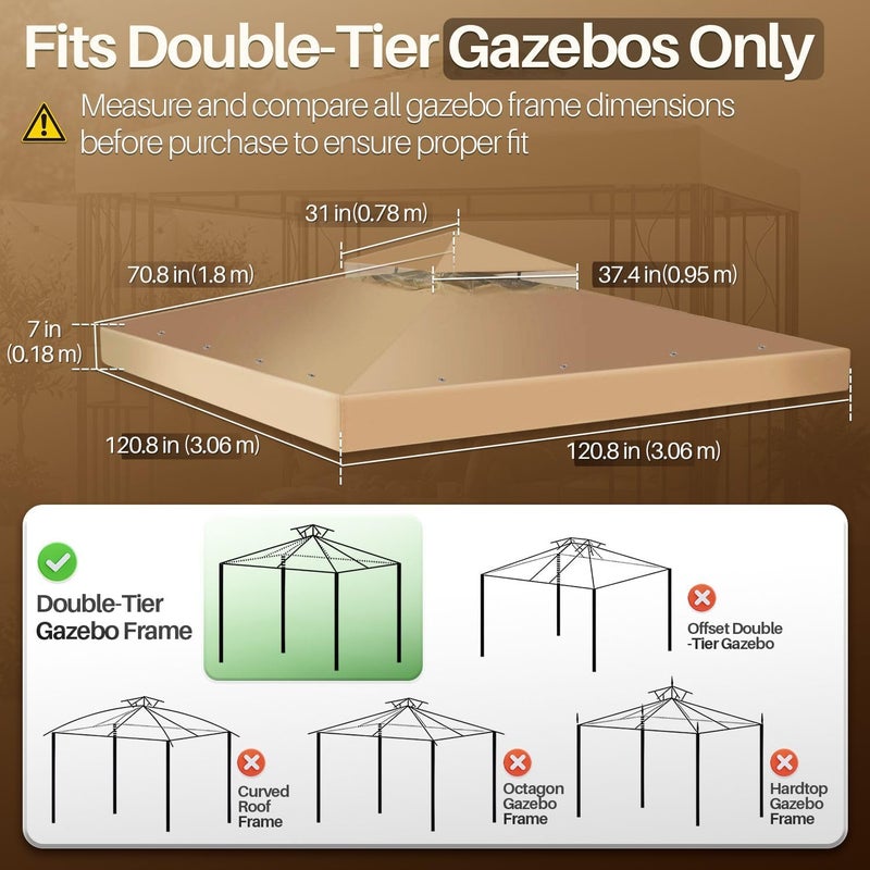 Flexzion 10'x10' Gazebo Replacement Canopy Top Cover (Beige) - Dual Tier with Plain Edge Polyester UV30 Water Resistant for Outdoor Garden Patio Pavilion Sun Shade - Image 5