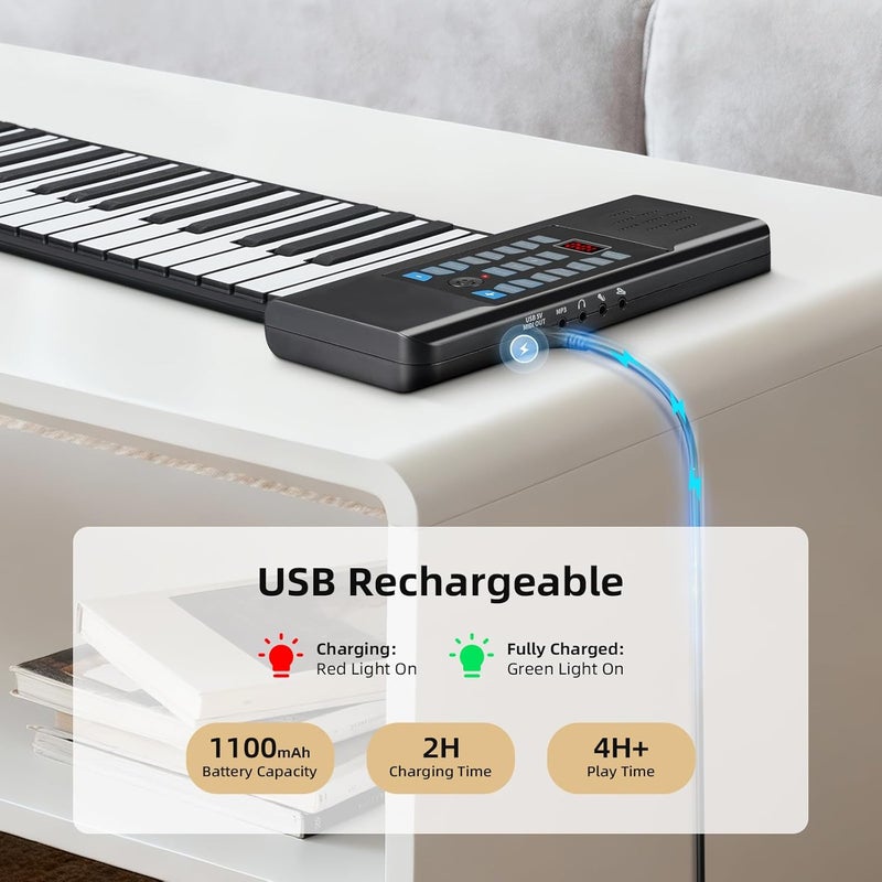 POGOLAB 61 مفتاح بيانو لوحة مفاتيح قابل للف، بيانو كهربائي محمول قابل للطي مع شاشة LED، قابل لإعادة الشحن وخرج USB-MIDI، 15 أغنية تجريبية مدمجة، 128 نغمة، 128 إيقاع، هدية موسيقية للمبتدئين - Image 5