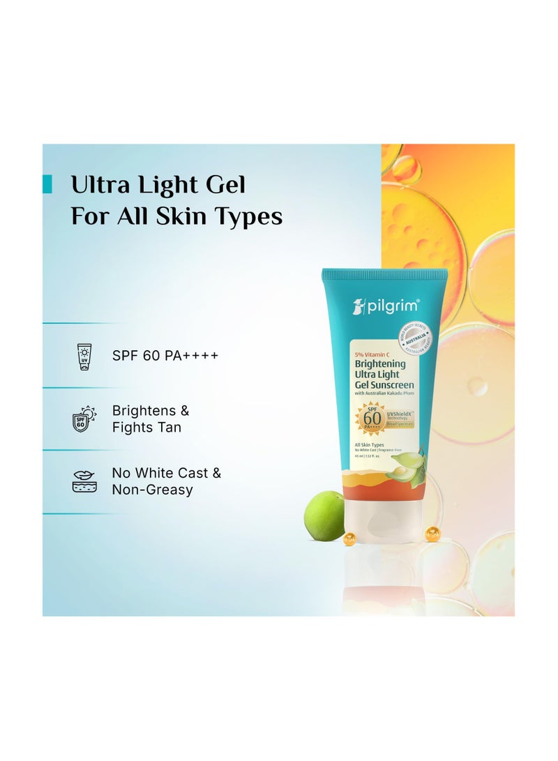 PILGRIM Pilgrim 5% Vitamin C Brightening Ultra Light Gel Sunscreen SPF 60 PA++++ 45ml | UVA/UVB Protection | No White Cast | Fights Tanning, Brightens Skin | Lightweight & Non-Greasy | For All Skin Type - Image 1