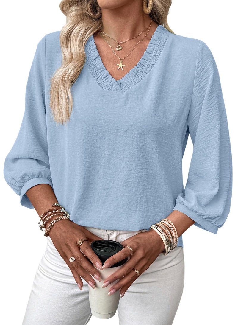 Shein SHEWIN Women Tops Tunic 3/4 Length Sleeve Shirts Solid Smocked V Neck Dressy Blouses Business Work Quarter Sleeve Clothing Spring Fall Casual 2026 Clothes Size S, Light Blue - Image 1