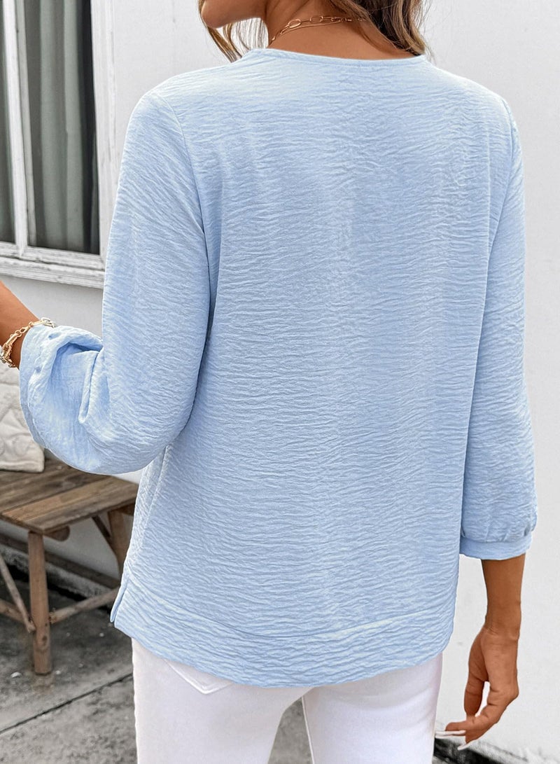 Shein SHEWIN Women Tops Tunic 3/4 Length Sleeve Shirts Solid Smocked V Neck Dressy Blouses Business Work Quarter Sleeve Clothing Spring Fall Casual 2026 Clothes Size S, Light Blue - Image 5