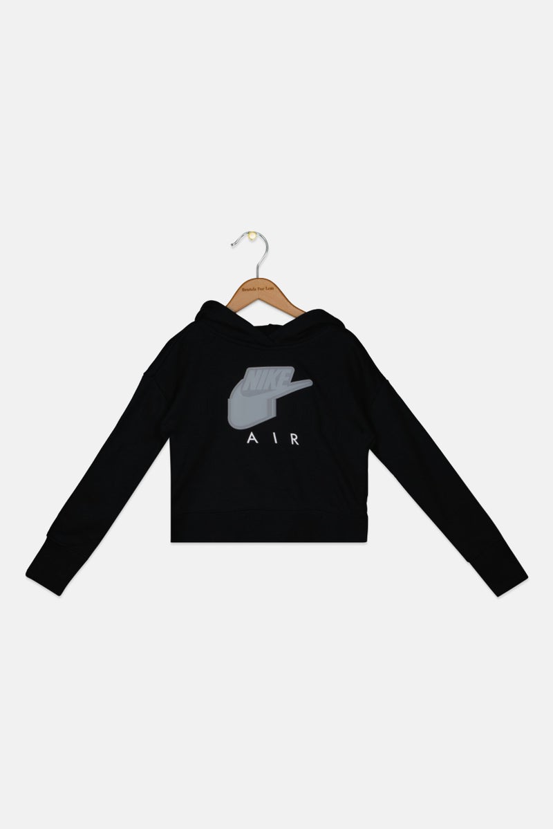 Nike سويت شيرت رياضي للفتيات مع غطاء رأس بشعار العلامة التجارية، أسود - Image 1
