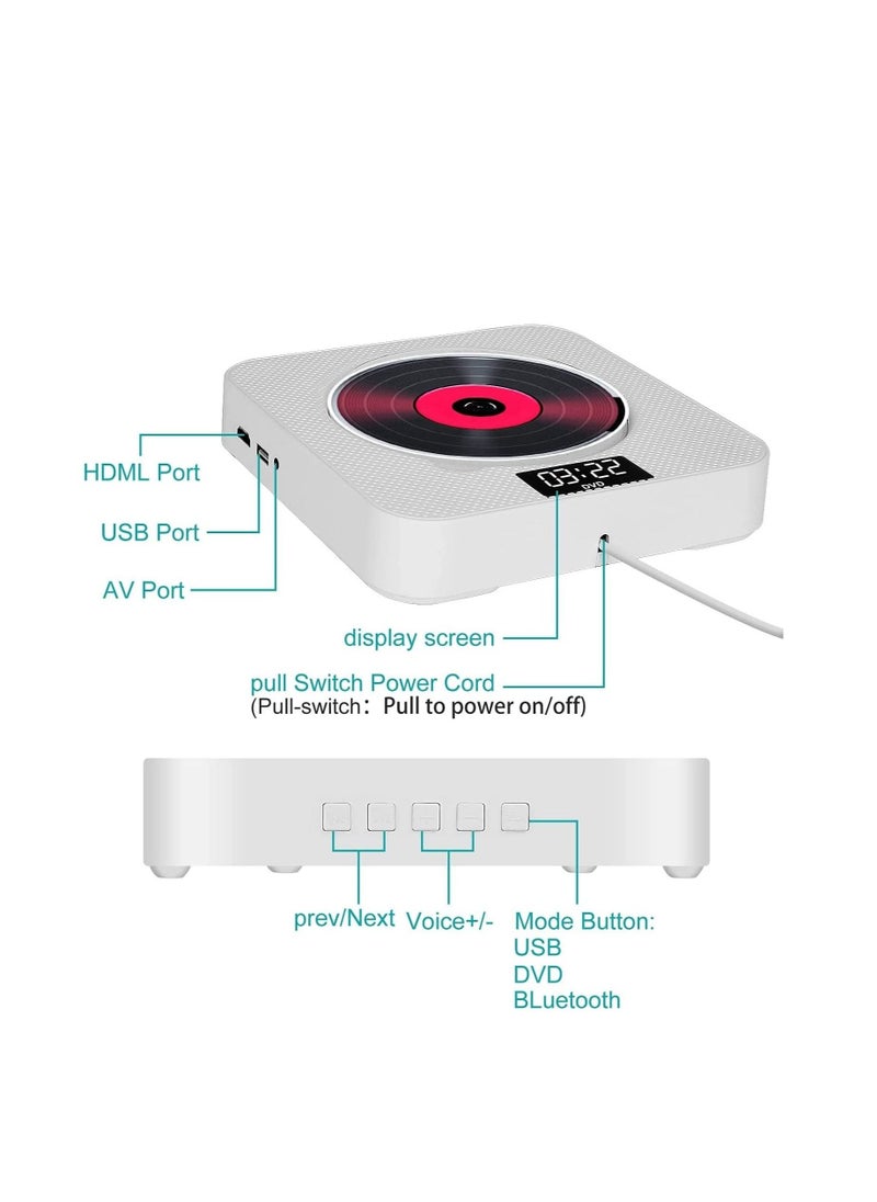 Generic - Portable Bluetooth CD Player,Wall Mountable CD/DVD Player for Home with Remote Control Dust Cover LCD Display Built-in HiFi Speakers FM Radio,Support CD/DVD/MP3/USB/AUX Input Output (White) - Image 1