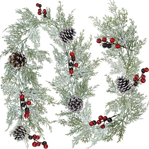Winlyn Artificial Snowy Christmas Cedar Garland with Pine Cones and Red Berries Lush Christmas Greenery Garland 6 Long Christmas Wedding Winter Holiday Table Runner Centerpiece Seasonal Decoration