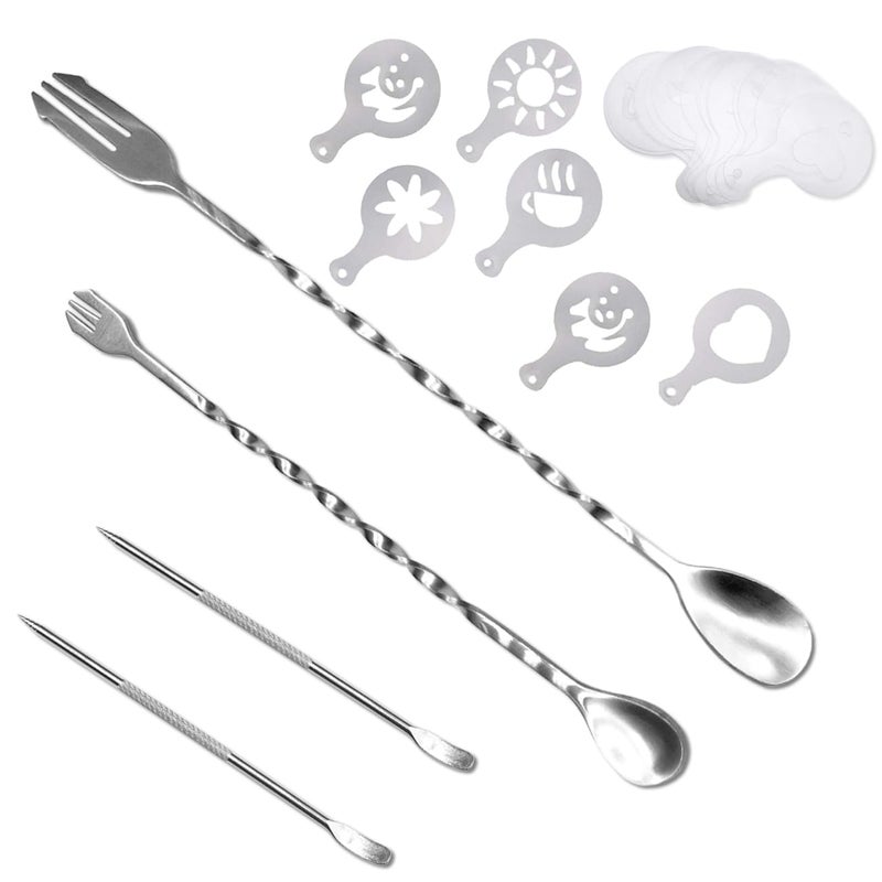 ACKLLR 36 Pcs Coffee Art Maker Set, 32 Pieces Coffee Decorating Stencils Barista Template + 2 Latte Pen + 2 Pack Spiral Pattern Mixing Spoon Fork 2 in 1 for Mousse Cake Birthday Party Bar Espresso - Image 1