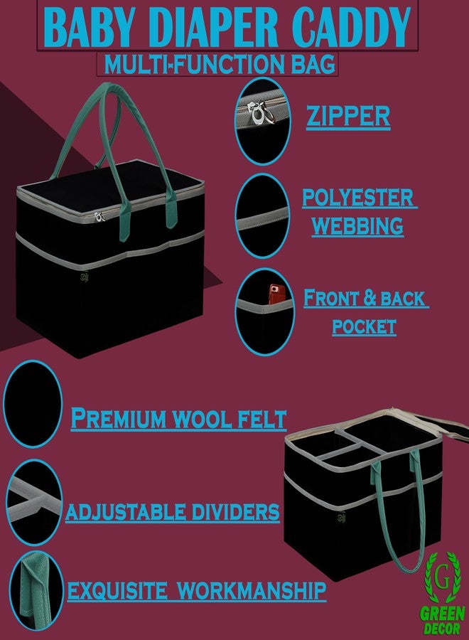 GREEN DECOR-400 GSM Non Woven Fabric Cute Diaper Caddy Bag with Handles & Zip Lock for Smart Mothers Baby Diaper Caddy Wipes Felt Storage Organizers,Foldable & Portable(Black&Turquoise-15X10X8 Inch) - Image 4