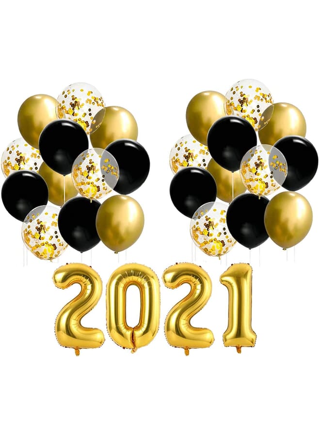 بارتي تايم 28 قطعة بالون فويل ذهبي بأرقام Happy New Year 2021 مقاس 16 بوصة | زينة سنة جديدة سعيدة بالونات لاتكس باللونين الذهبي والأسود مقاس 12 بوصة | بالونات قصاصات ذهبية مقاس 12 بوصة