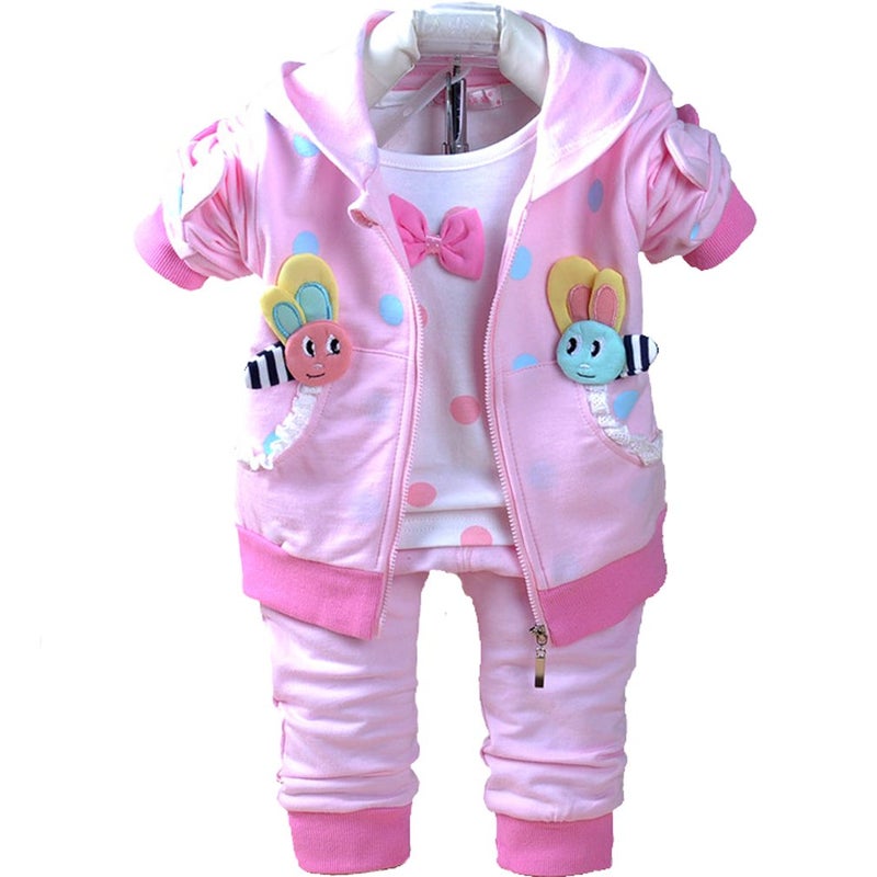 Yao 6M-4Y 3pcs Baby Girl Casual Hoodie Jacket Cotton T-Shirt Pants Sweater (Pink,6-12M)