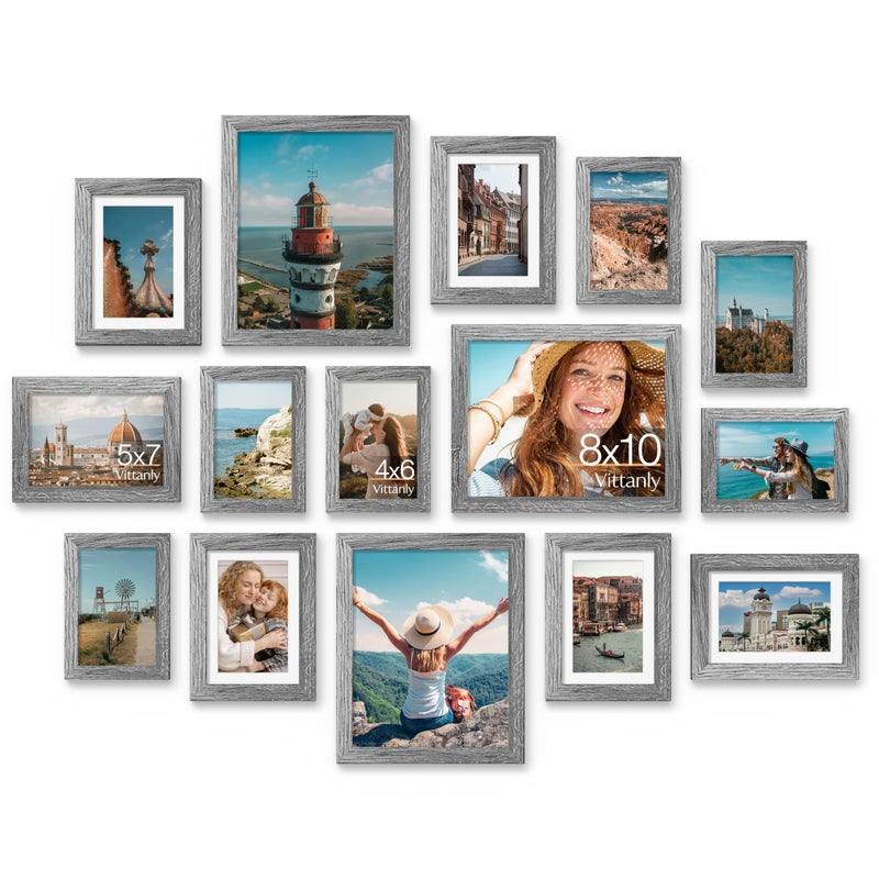 Vittanly 15 Pack Picture Frames Collage Wall Decor for Mounting or Tabletop Display Gallery Frame Set for Family Multi Sizes Including 3pcs 8x10 6pcs 5x7 6pcs 4x6 Grey