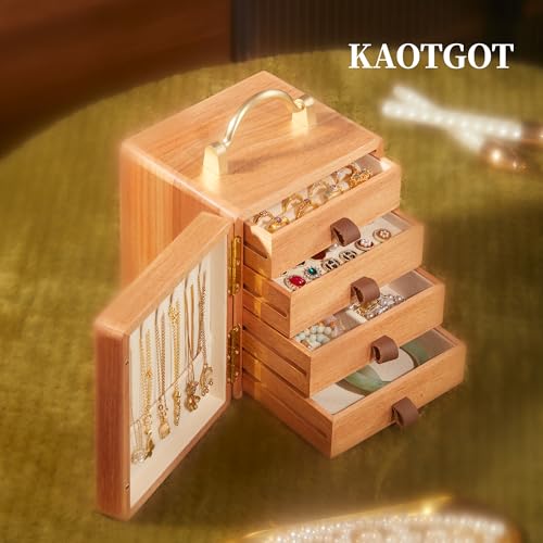 KAOTGOT Wooden Jewelry Box for Women Walnut Wooden Jewelry Box with handle 4-Tier Jewelry Organizer for Rings, Necklaces - Image 5