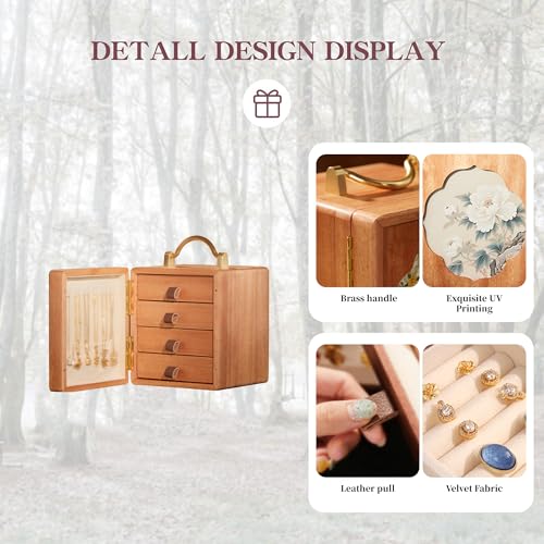 KAOTGOT Wooden Jewelry Box for Women Walnut Wooden Jewelry Box with handle 4-Tier Jewelry Organizer for Rings, Necklaces - Image 4