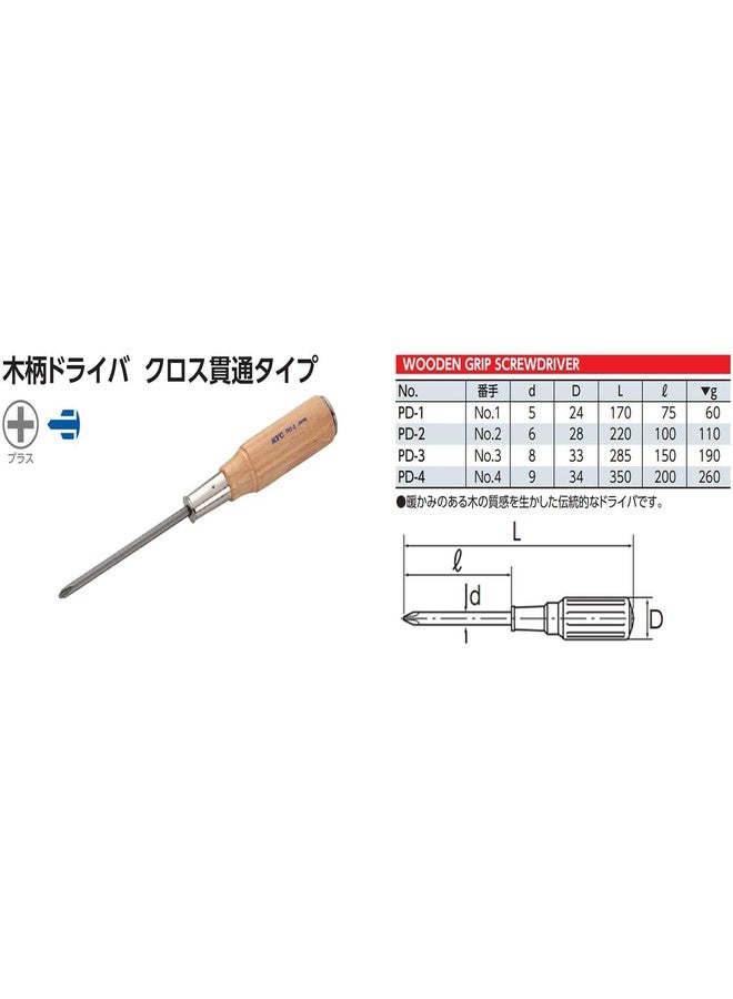 KTC Kyoto Tools (KTC) PD-2 Wooden Handle Screwdriver, Cross Penetrating Type - Image 2