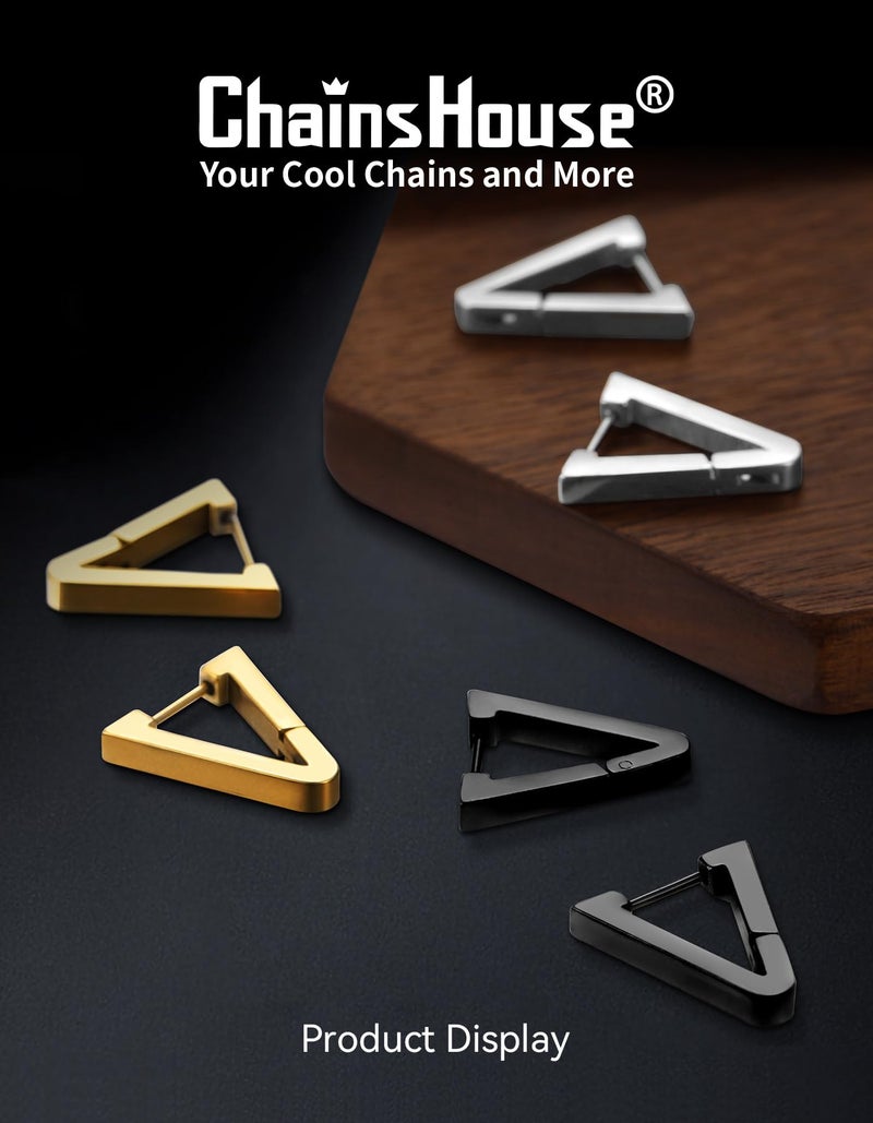 ChainsHouse Stud Earrings for Men Women,316L Stainless Steel/14K Gold/Black Plated Metal, Punk Hypoallergenic Surgical Huggie Hoop Earrings Mens Jewelry Piercing Hoop Earrings, Black-Triangle - Image 3