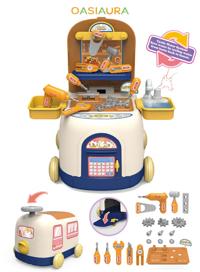 OASIAURA 2-3 Years Old Kids 2-in-1  Educational Bus Car Toy & Tool Box Set, Toddler Pretend Play Kit with Portable Storage (Blue) - Image 1