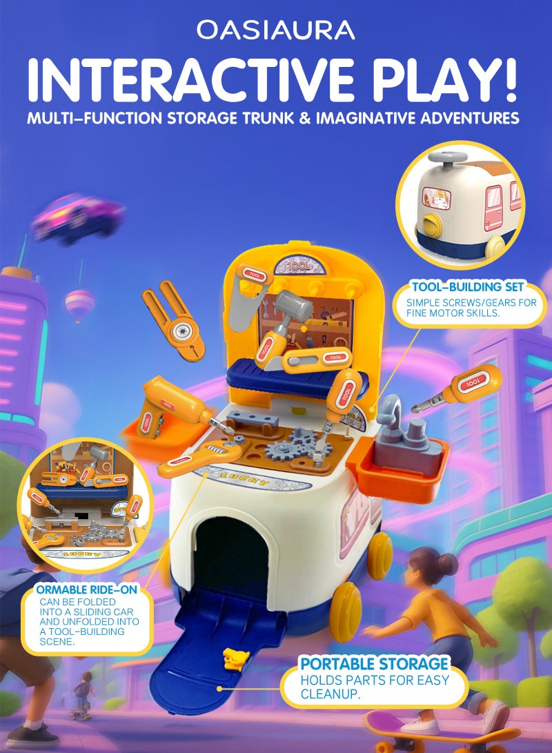 OASIAURA 2-3 Years Old Kids 2-in-1  Educational Bus Car Toy & Tool Box Set, Toddler Pretend Play Kit with Portable Storage (Blue) - Image 3