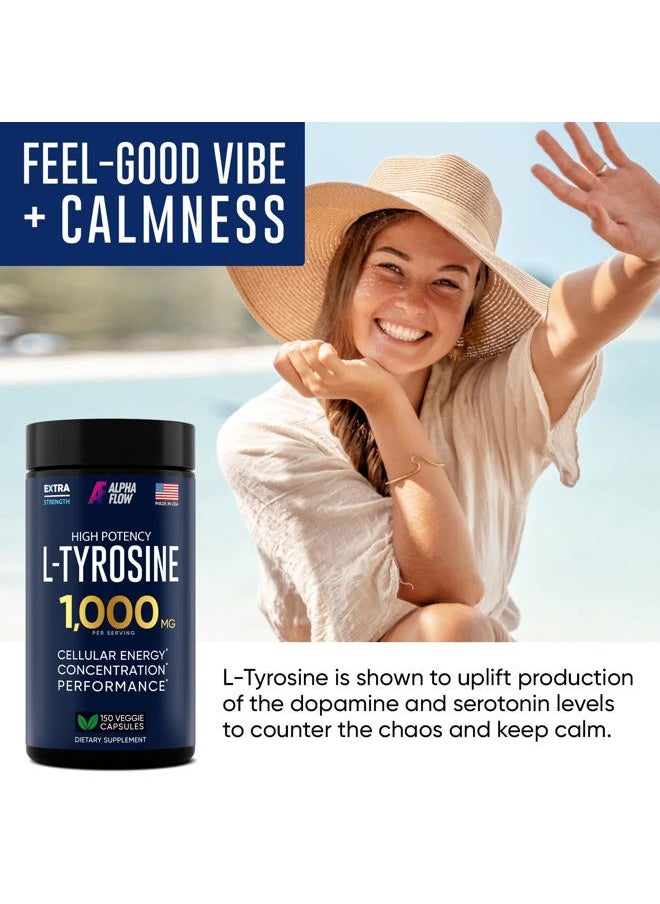 ALPHA FLOW - L Tyrosine 1000MG Capsules - All-Natural L- Tyrosine Supplement for Focus & Energy Boost - Non-GMO & Gluten-Free - Vegan 150 Caps -500mg x 2 per Serving - Image 1