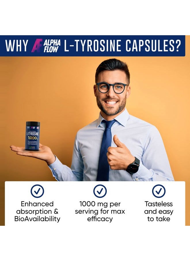 ALPHA FLOW - L Tyrosine 1000MG Capsules - All-Natural L- Tyrosine Supplement for Focus & Energy Boost - Non-GMO & Gluten-Free - Vegan 150 Caps -500mg x 2 per Serving - Image 1