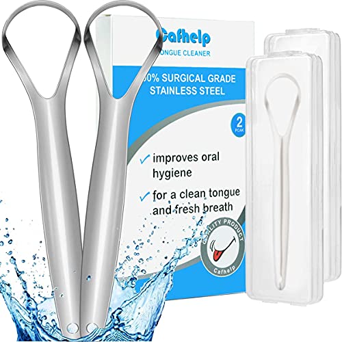 Cafhelp 2Pack Tongue Scraper 100 Useful Surgical Stainless Steel Tongue Cleaner for Both Adults and Kids Professional Reduce Bad Breath Metal Tongue Scrapers Help Your Oral Hygiene with 2 cases