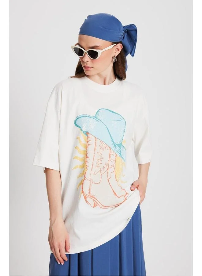mina aise Women's Beige Oversized Printed T‑shirt 29156.