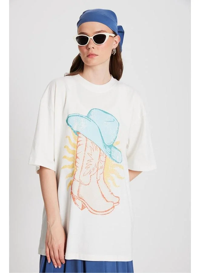 mina aise Women's Beige Oversized Printed T‑shirt 29156.