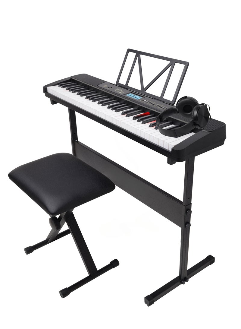 Generic 61-Key Lighted Keyboard with H-Stand, Rotating Headphones, Black & White Key Stickers, Piano Bench, Smart APP Teaching, USB MIDI, 430 Timbres, 300 Rhythms, 50 Demo Songs, LCD Display(MK-200, Black - Image 1
